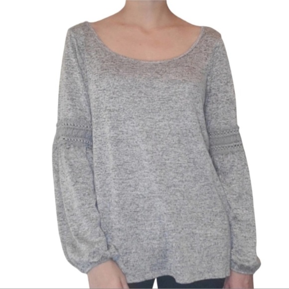 Torrid Heather Gray Balloon Lace Inset Long Sleeve Bar Back Top - Picture 1 of 7